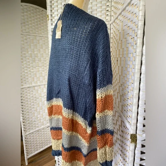 NWT Hem & Thread Stripe Bottom Cardigan Sweater Oversized Bohemian Style Fit - Picture 9 of 14